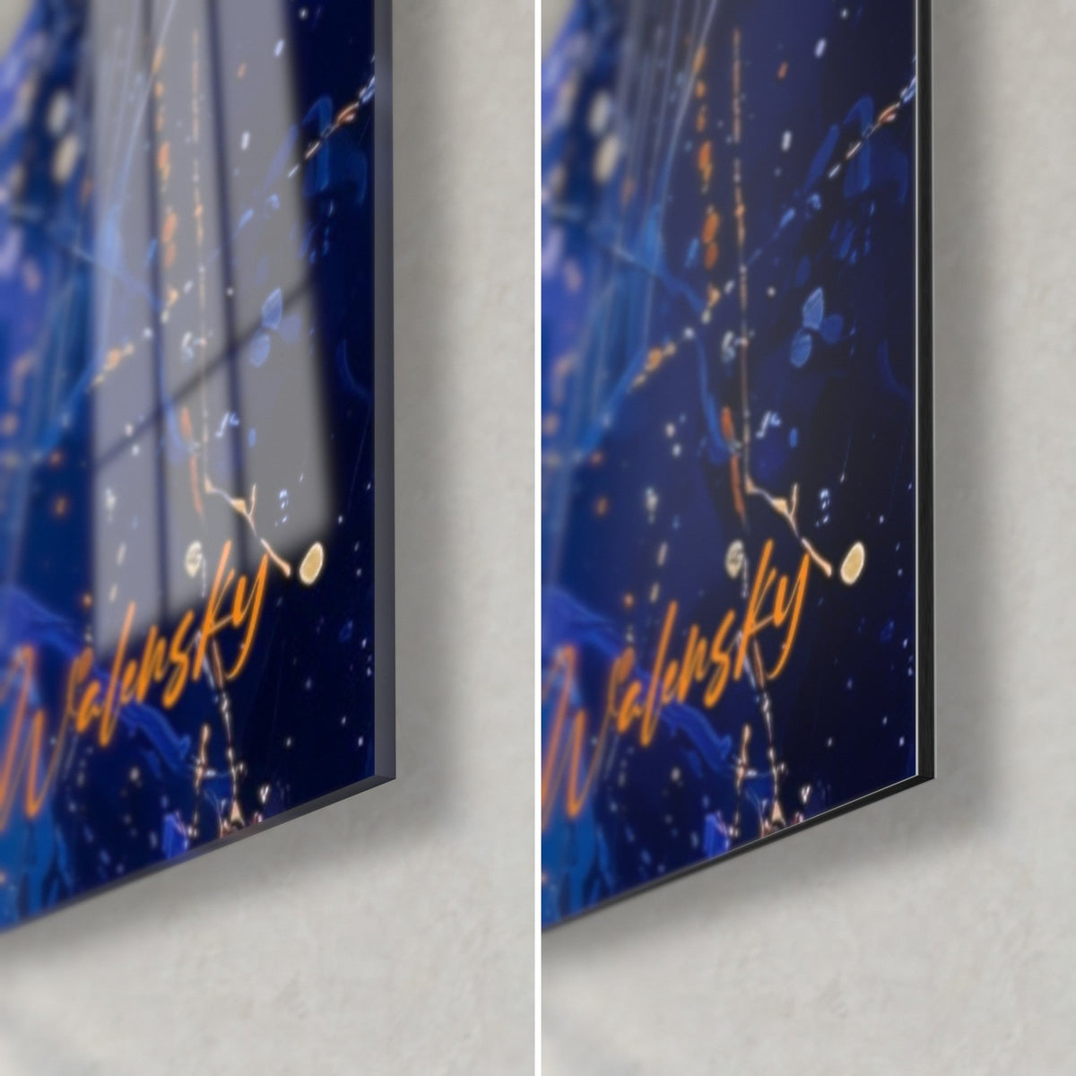 Tableau violon orange et bleu nuit éclaboussé, coin bas droit : verre brillant à gauche, Dibond mat à droite, tranche fine