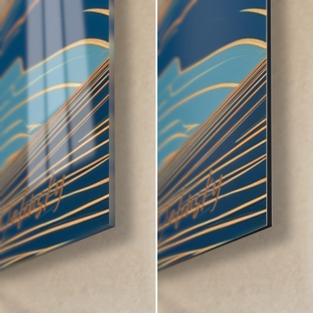 Wall art violinist in floral jacket, bottom right corner: glossy glass on the left, matte Dibond on the right, 3 mm edge, copper lines