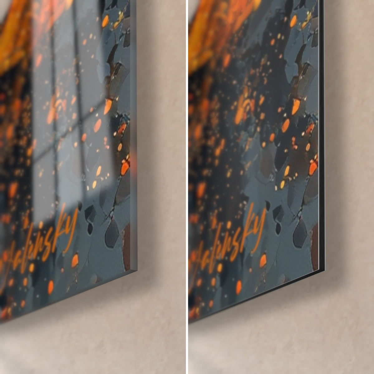 Tableau luthier de peinture orange et gris ardoise, coin bas droit, signature dorée, tranche de 3 mm, verre brillant et Dibond mat