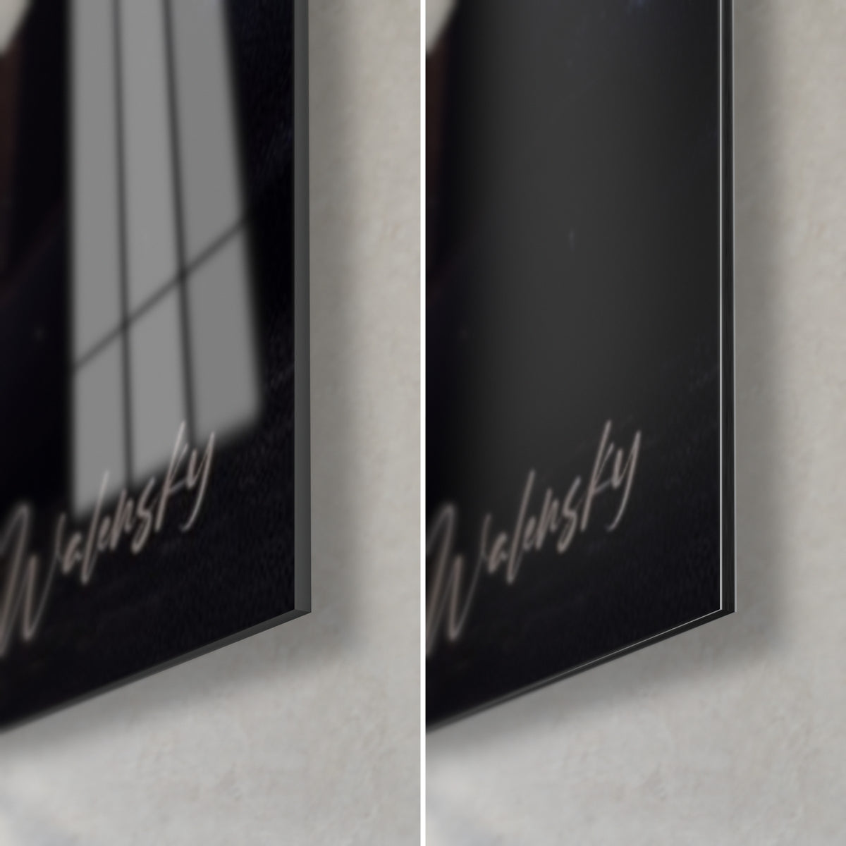 Wall art of a dark brown violin, signed Walensky, bottom right corner: glossy acrylic glass reflecting a window, matte black Dibond aluminium, 3 mm edge