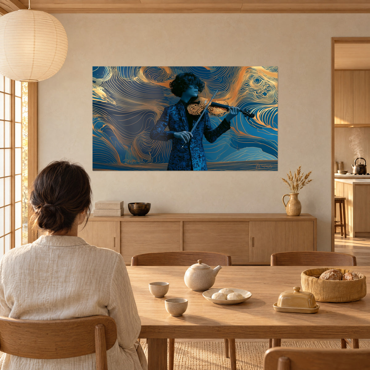 Wall art bow and copper violin over midnight blue and orange swirls, woman seen from behind at a light wood table, stoneware teapot