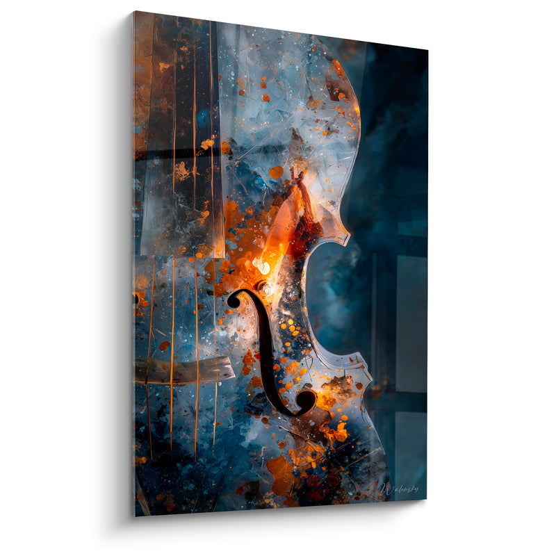 Tableau Musique bleu nuit et orange violoncelle éclaboussé - Ouïe en forme de C - Edition Musique