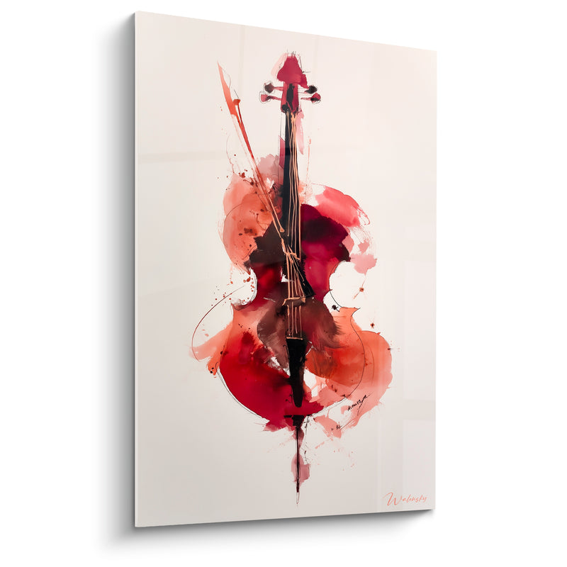 Tableau Musique bordeaux et orange contrebasse éclaboussée - Cordes fines dorées - Edition Musique