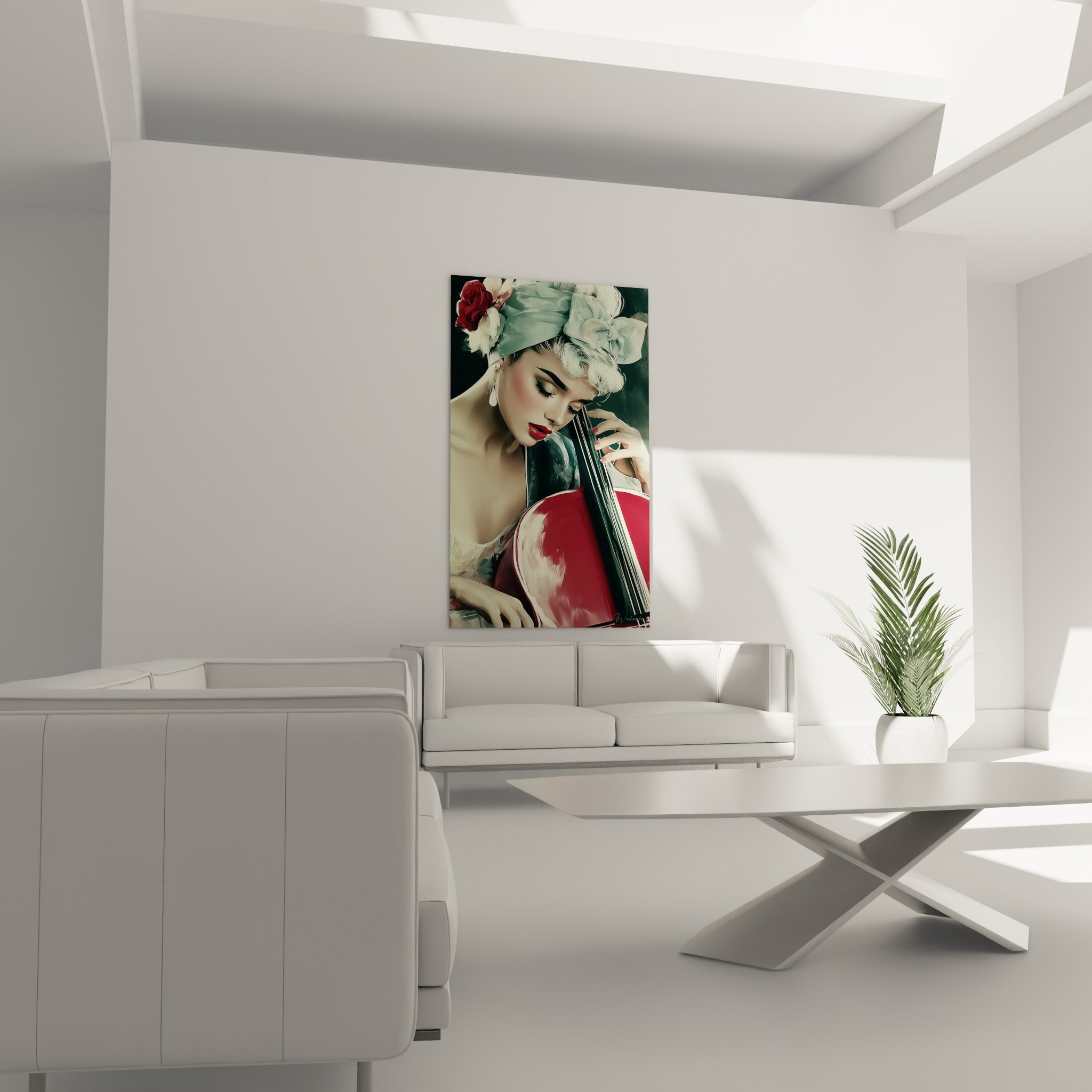 Femme enlacant son violoncelle rouge profond, turban orné d'une rose, au-dessus d'un canapé dans un salon lumineux