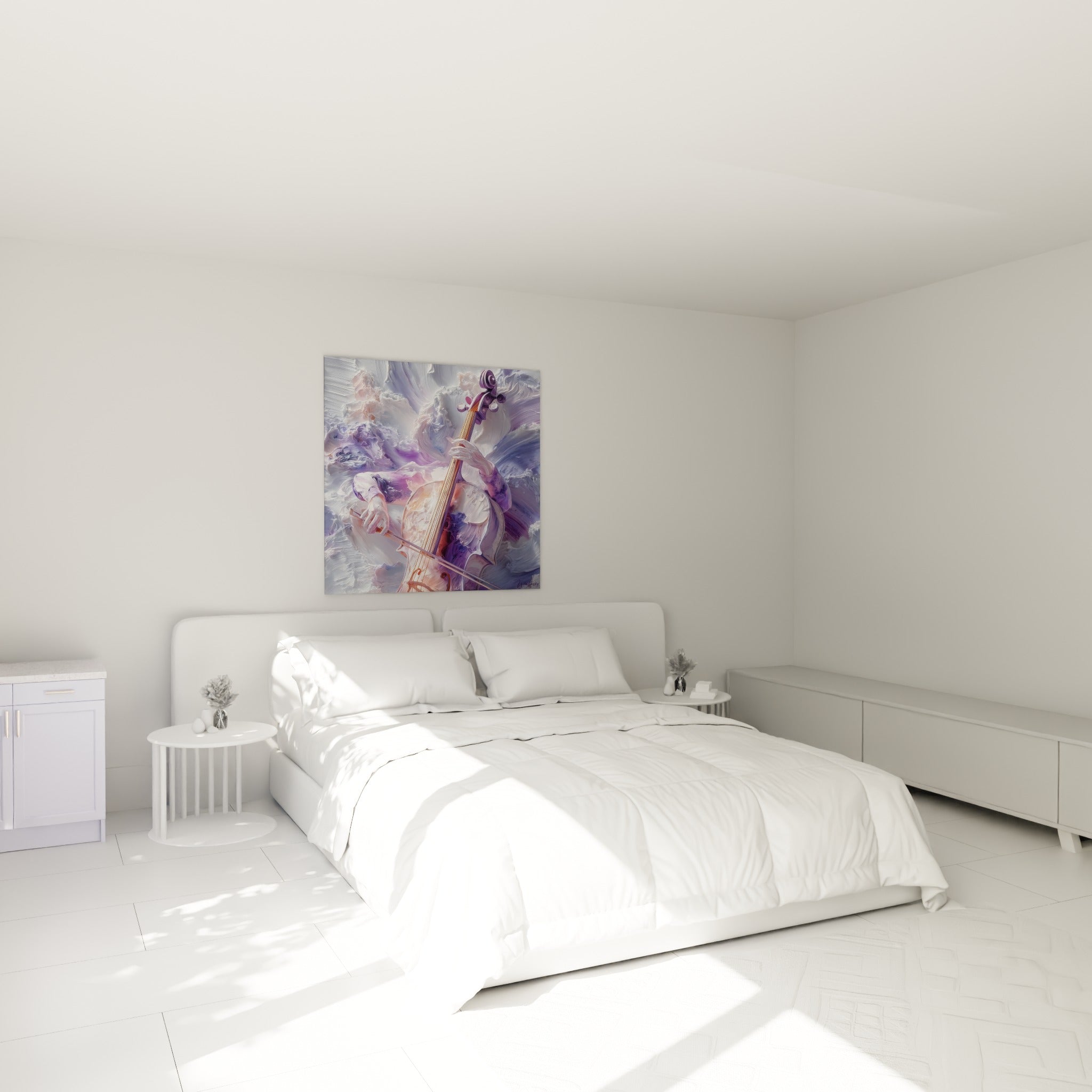 Musicien jouant du violoncelle en touches violettes et dorées, au-dessus d'un lit dans une chambre claire