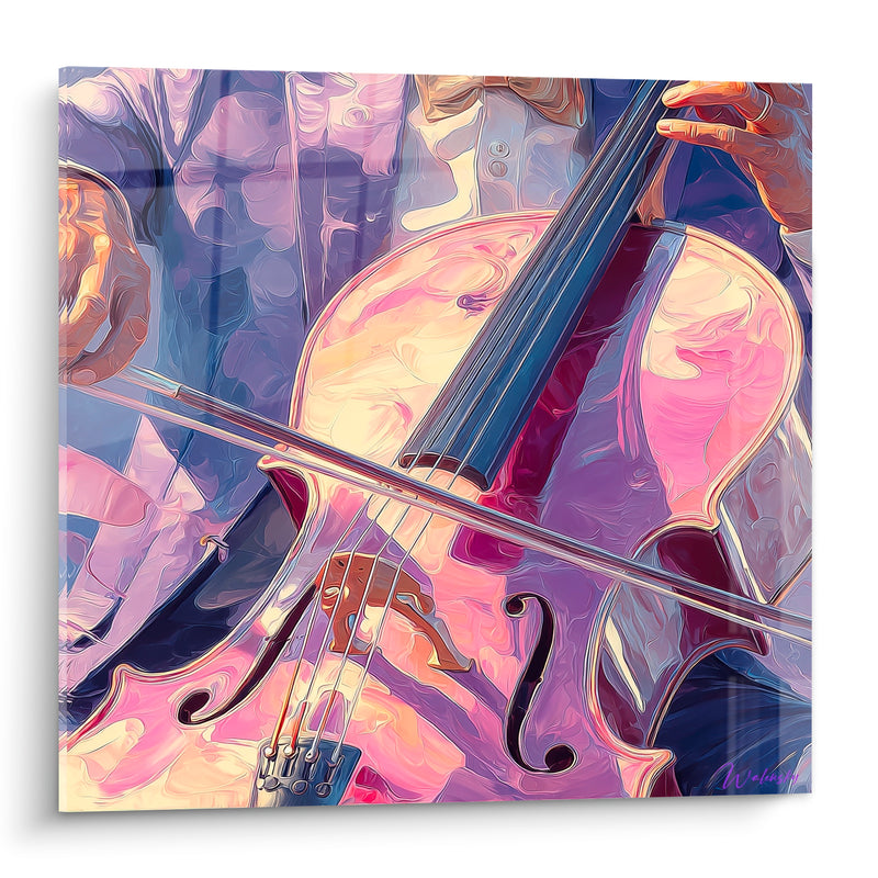 Tableau Musique violet rose violoncelle noeud papillon - Chevalet et cordes - Edition Musique