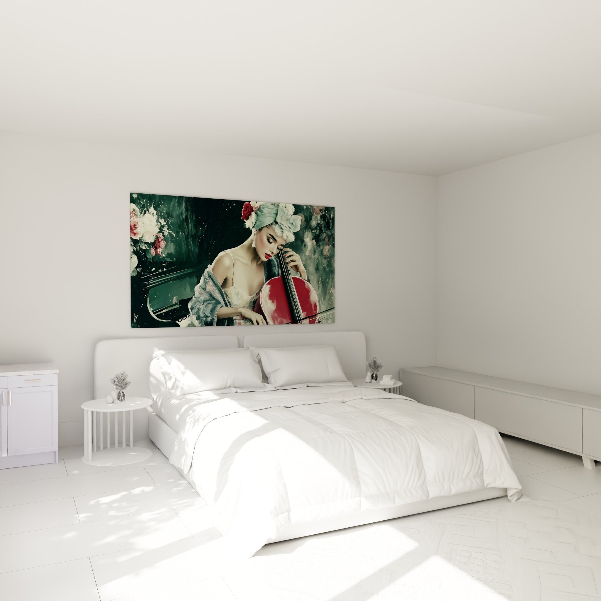 Musicienne au turban fleuri et violoncelle écarlate, au-dessus d'un lit dans une chambre claire