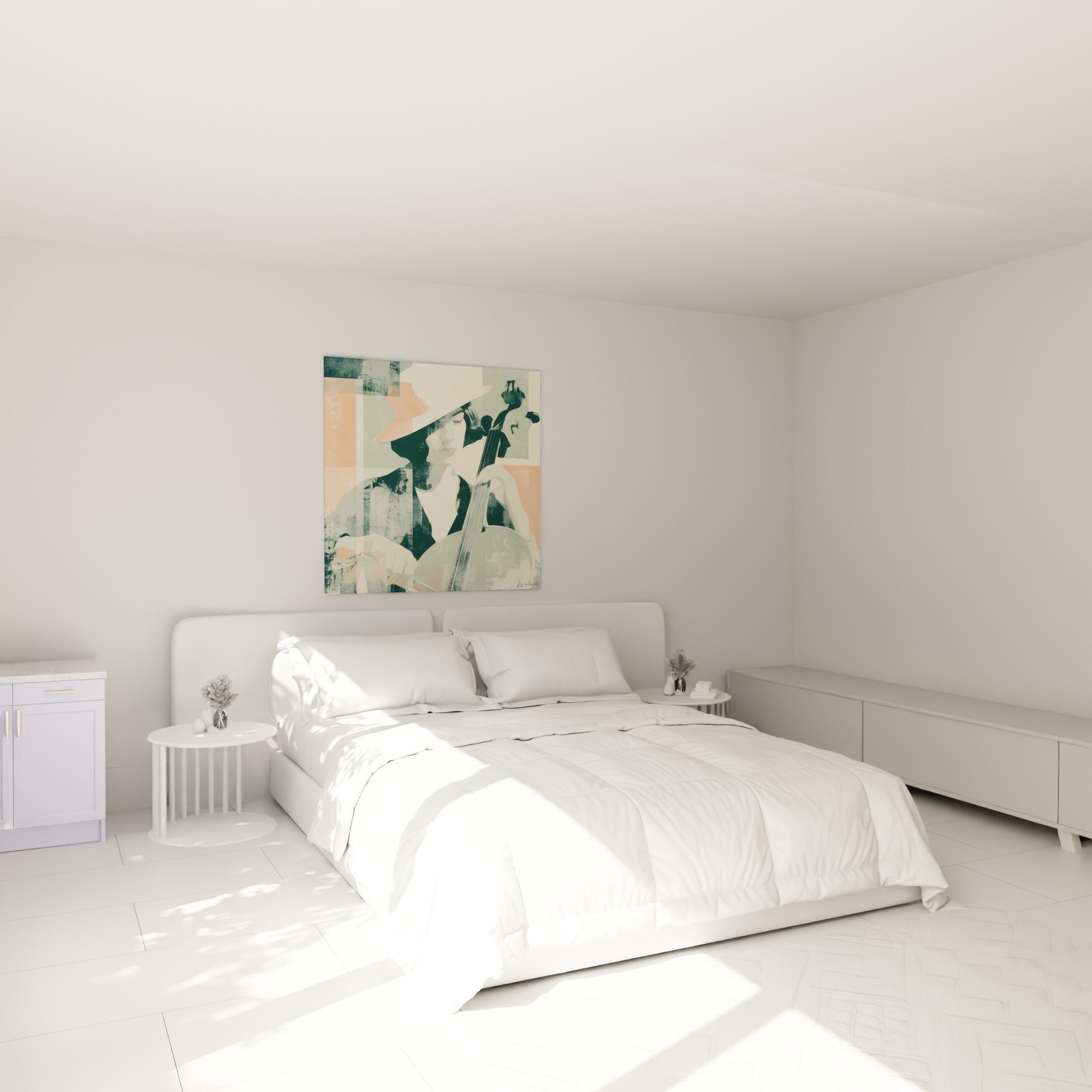 Musicienne au violoncelle en corail et vert sauge accrochée au-dessus d'un lit dans une chambre claire