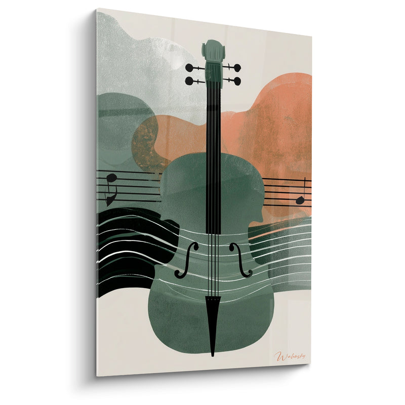 Tableau Musique vert sauge et orange violoncelle stylisé - Portée ondulante noire - Edition Musique