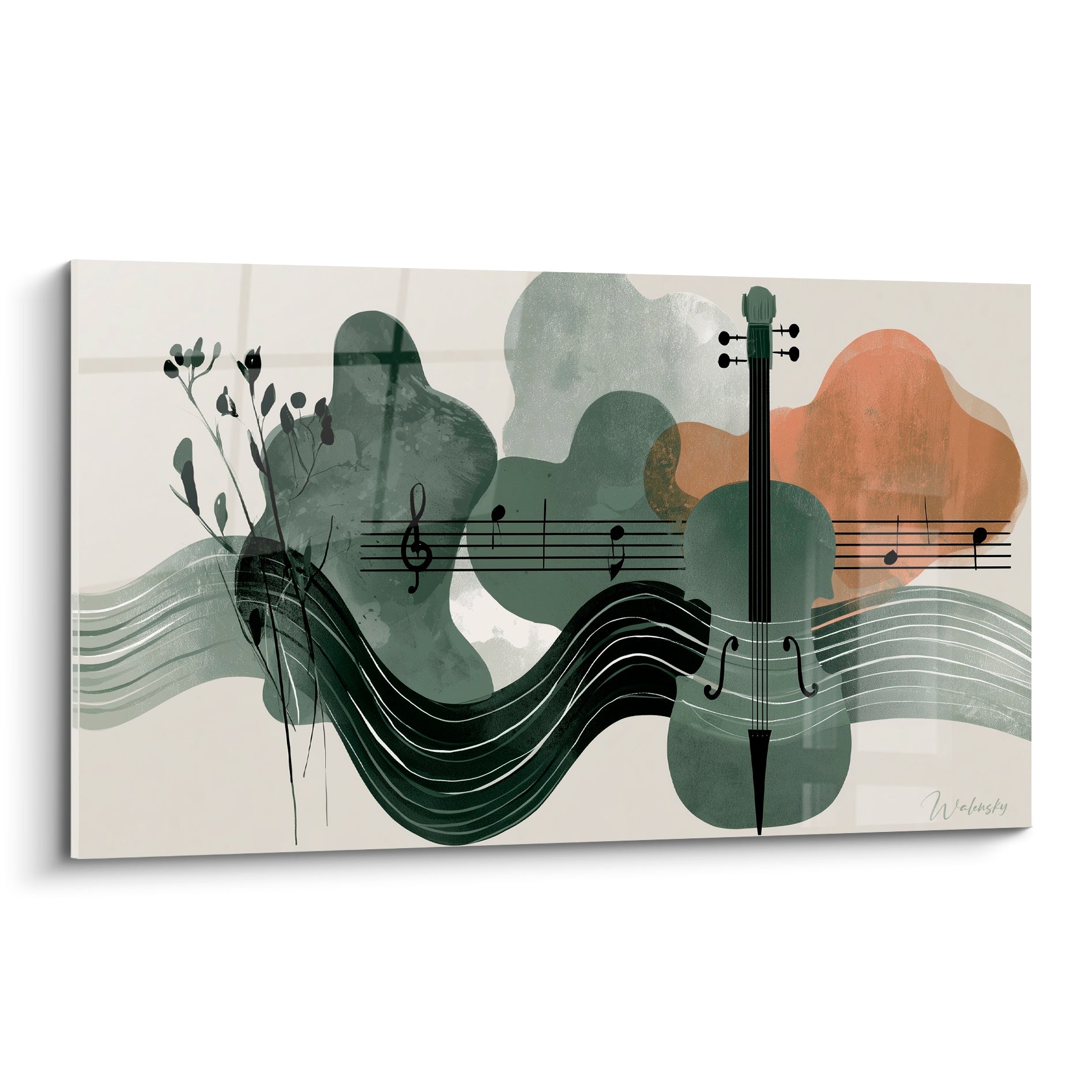 Violoncelle stylisé vert sauge et terracotta sur portée musicale, composition graphique épurée