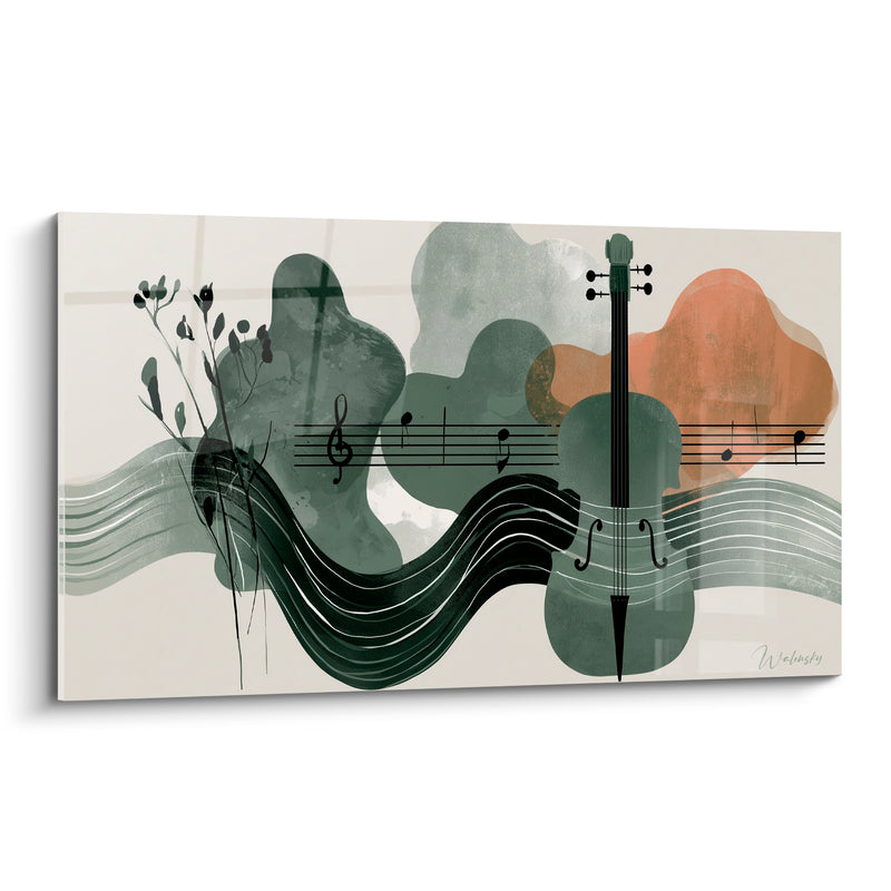 Tableau Musique violoncelle vert sauge et terracotta tiges sèches - Vagues ondulantes noires - Edition Musique