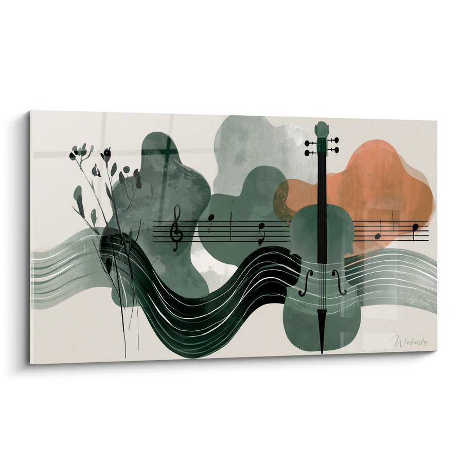 Tableau Musique violoncelle vert sauge et terracotta tiges sèches - Vagues ondulantes noires - Edition Musique