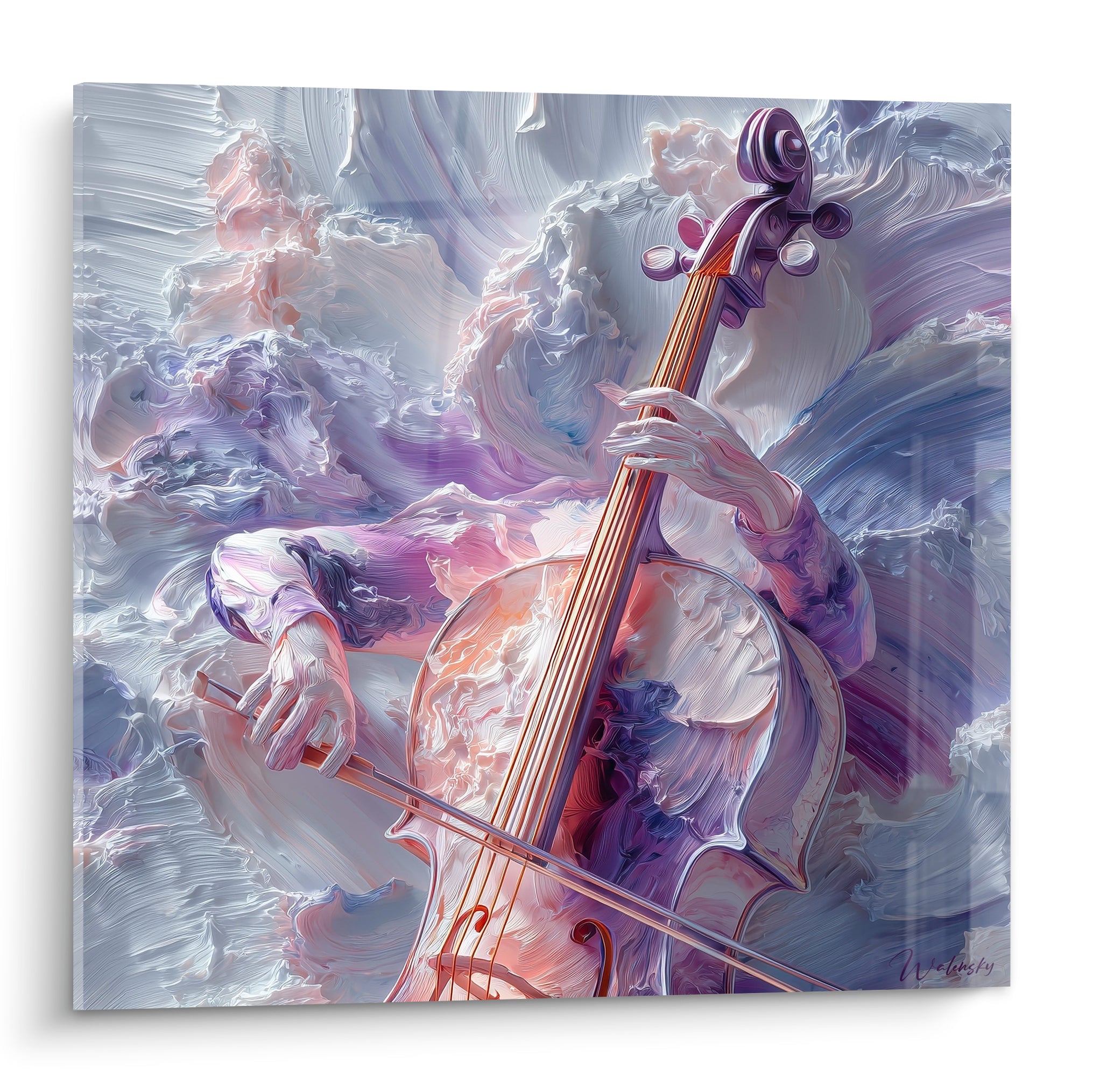 Violoncelliste aux mains délicates, empâtements violet et blanc nacré, archet en mouvement sculptural