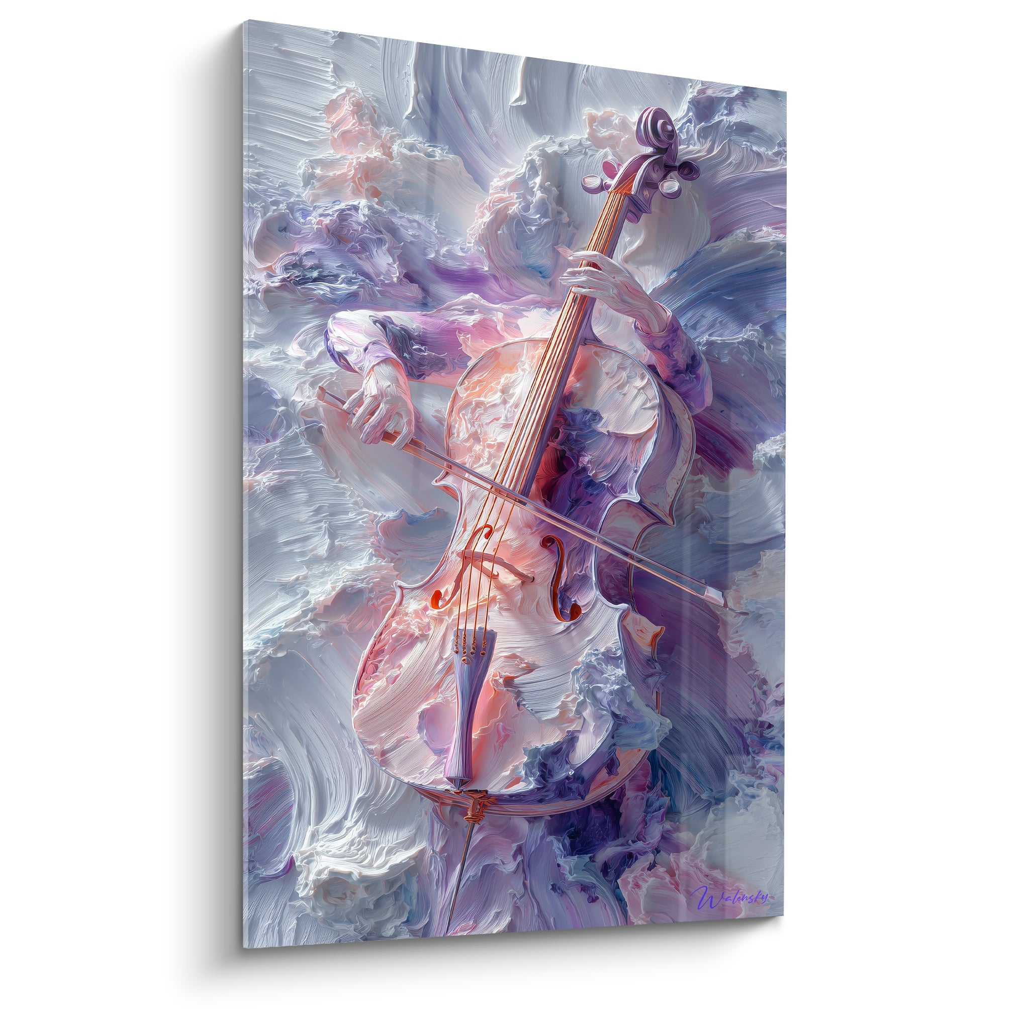 Violoncelliste saisi en plein archet, tourbillon de violet profond et blanc nacré sculpté