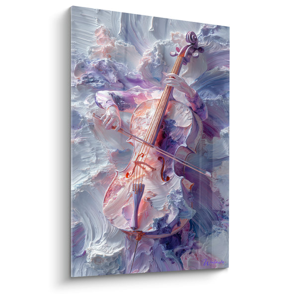 Cuadro Música Violonchelo Blanco y Violeta Cordal Dorado - Volutas de Nubes - Edición Música