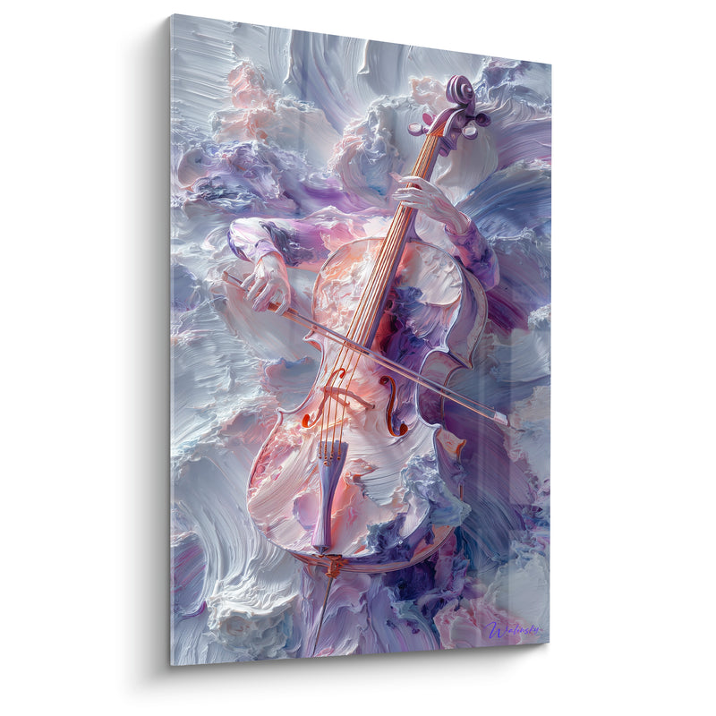 Tableau Musique violoncelle blanc et violet cordier doré - Volutes de nuages - Edition Musique