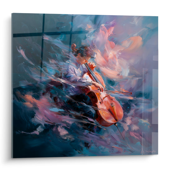 Violoncelliste en plein archet, tourbillons bleu marine et pêche, touches empâtées et lumineuses