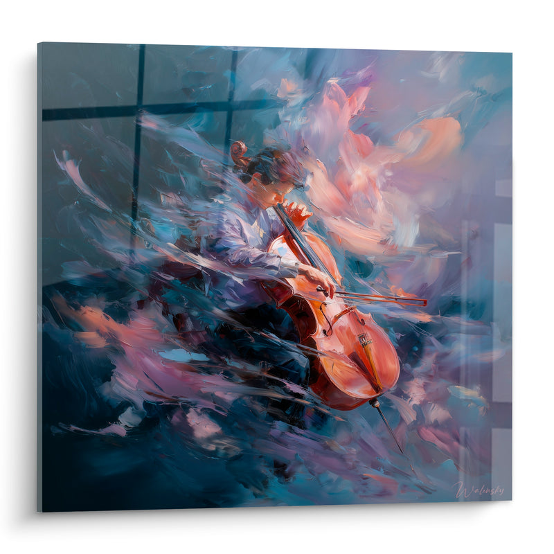 Tableau Musique violoncelliste bleu marine et pêche - Souffle de l'archet - Edition Musique