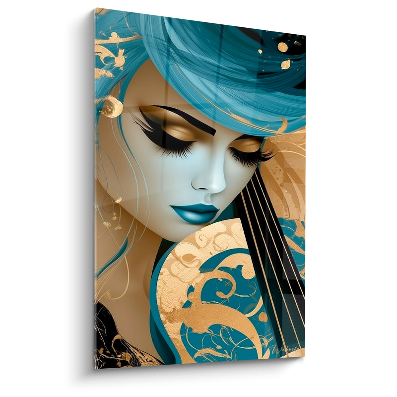 Tableau Musique bleu turquoise et or lèvres bleues - Visage aux paupières closes - Edition Musique