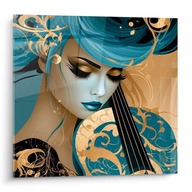 Tableau Musique bleu sarcelle et doré arabesques ornementales - Lèvres bleutées - Edition Musique