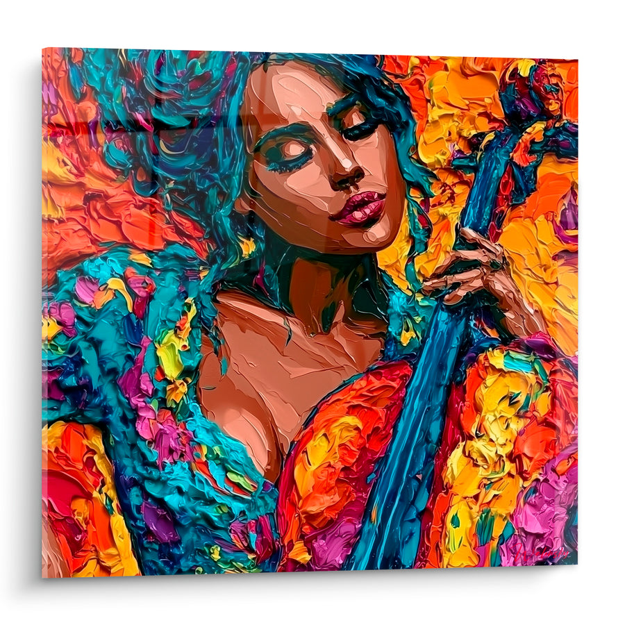 Tableau Musique violoncelliste bleu turquoise et orange vif - Instant de grâce - Edition Musique