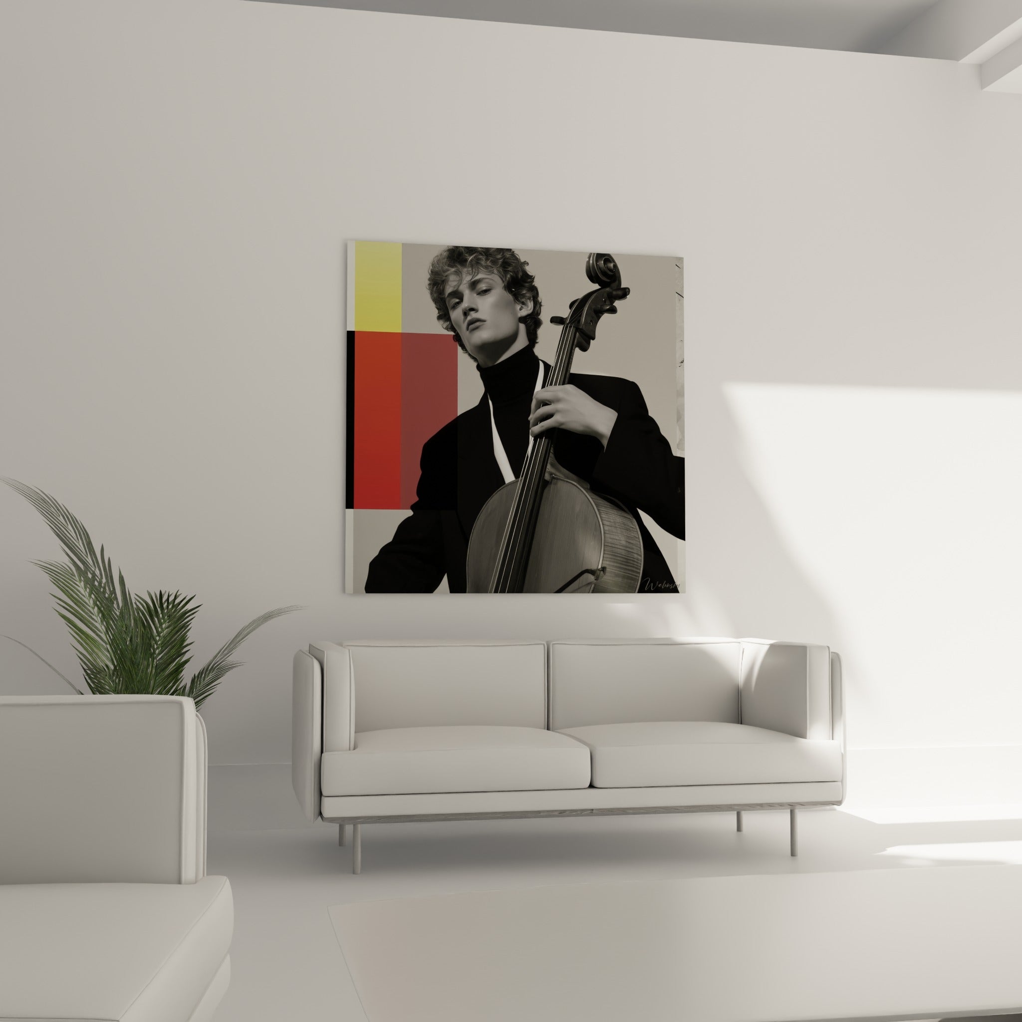 Portrait de violoncelliste noir et blanc rehaussé de rouge, au-dessus d'un canapé dans un salon lumineux