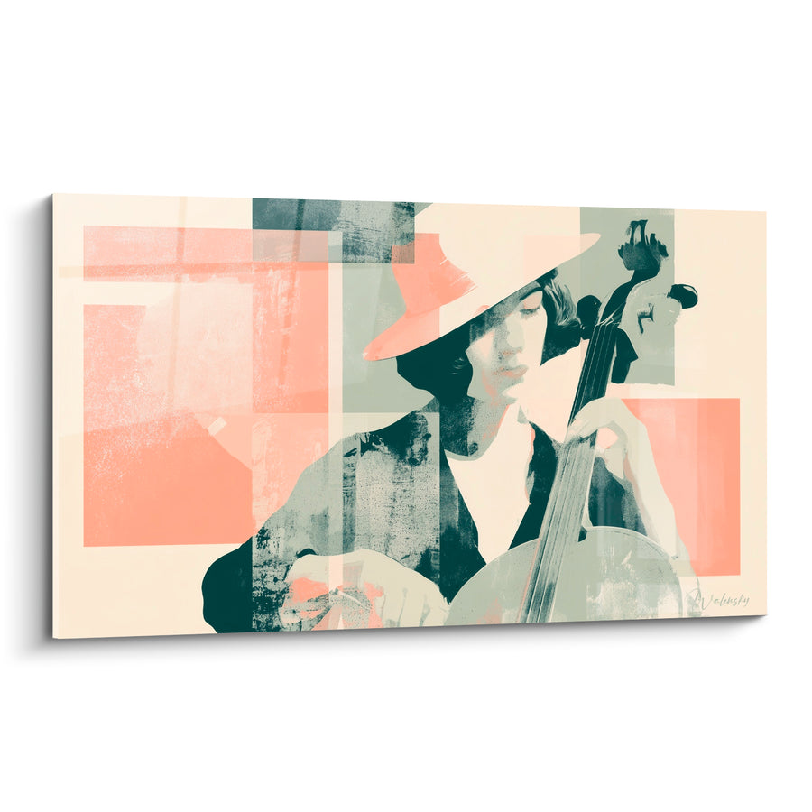 Tableau Musique corail et vert sauge violoncelliste chapeau large - Chapeau à large bord - Edition Musique