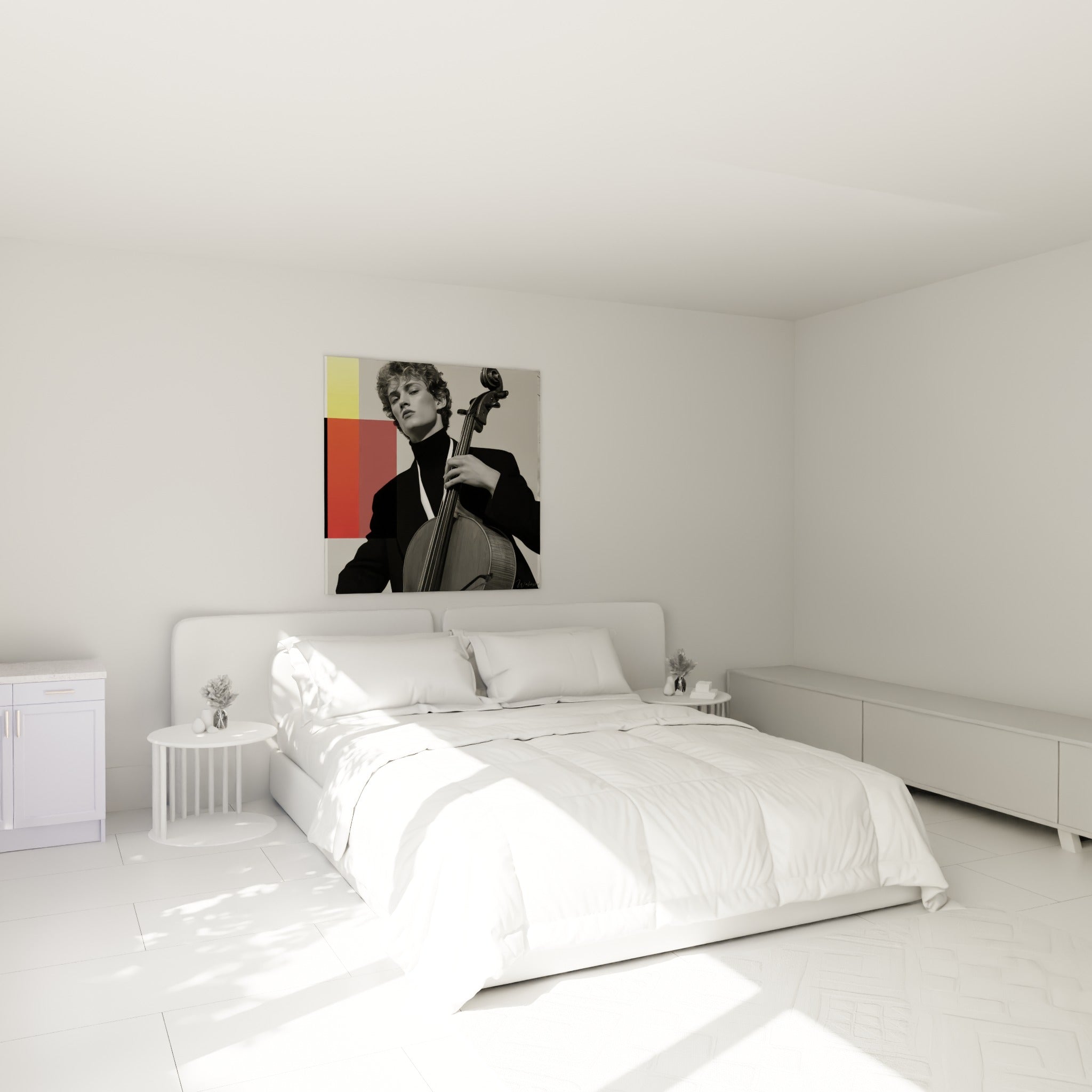 Musicien au violoncelle en camaïeu gris avec touches rouge et jaune, au-dessus d'un lit dans une chambre claire