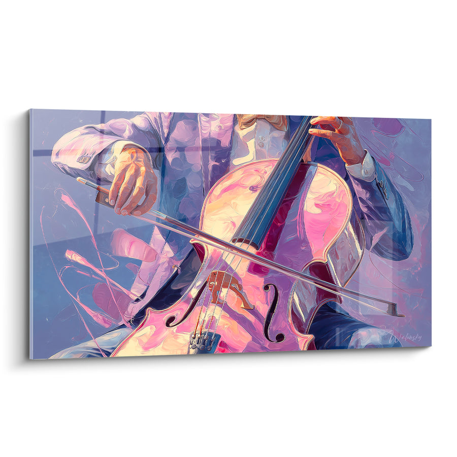 Tableau Musique violoncelliste mauve et doré archet - Souffle d'une note - Edition Musique