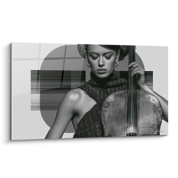 Black and White Music Painting Cellist Bare Shoulder - Geometric Shapes in Background - Music Edition