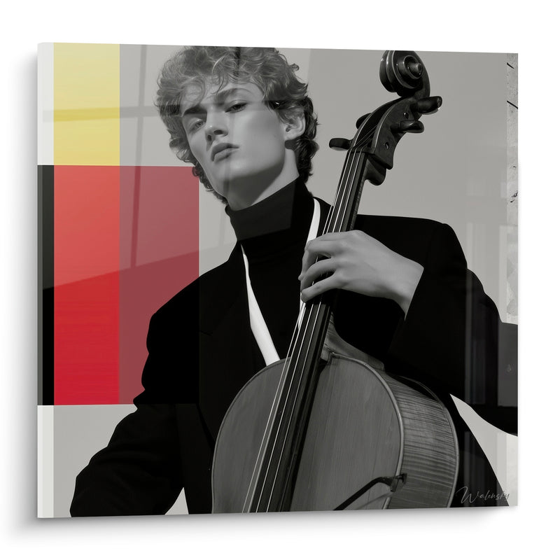 Tableau Musique violoncelliste noir et blanc blocs jaune rouge - Silence avant l'archet - Edition Musique