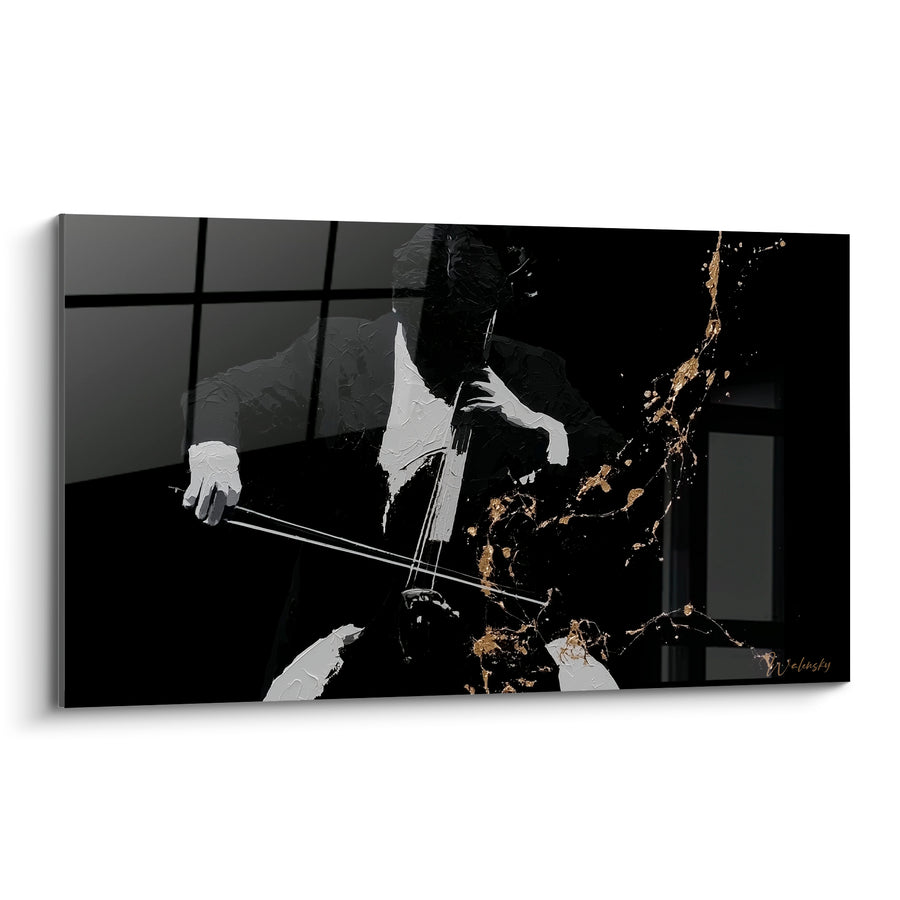 Tableau Musique noir et doré violoncelliste éclaboussé - Archet et cordes tendues - Edition Musique