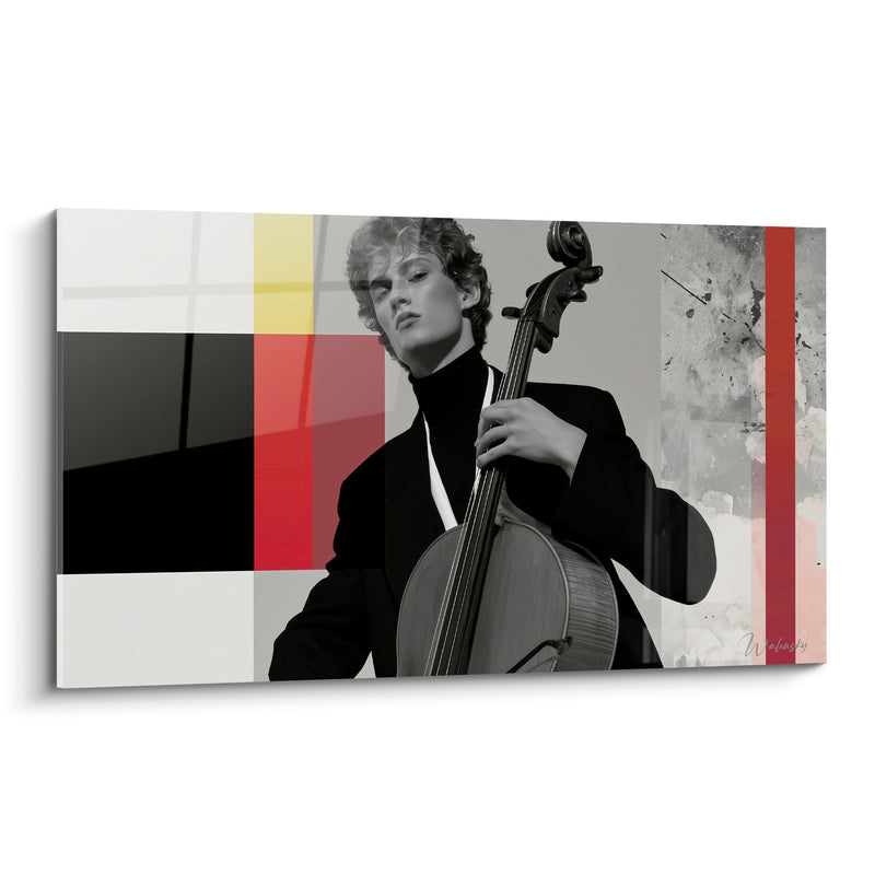 Tableau Musique jaune et rouge blocs géométriques violoncelliste - Col roulé noir - Edition Musique