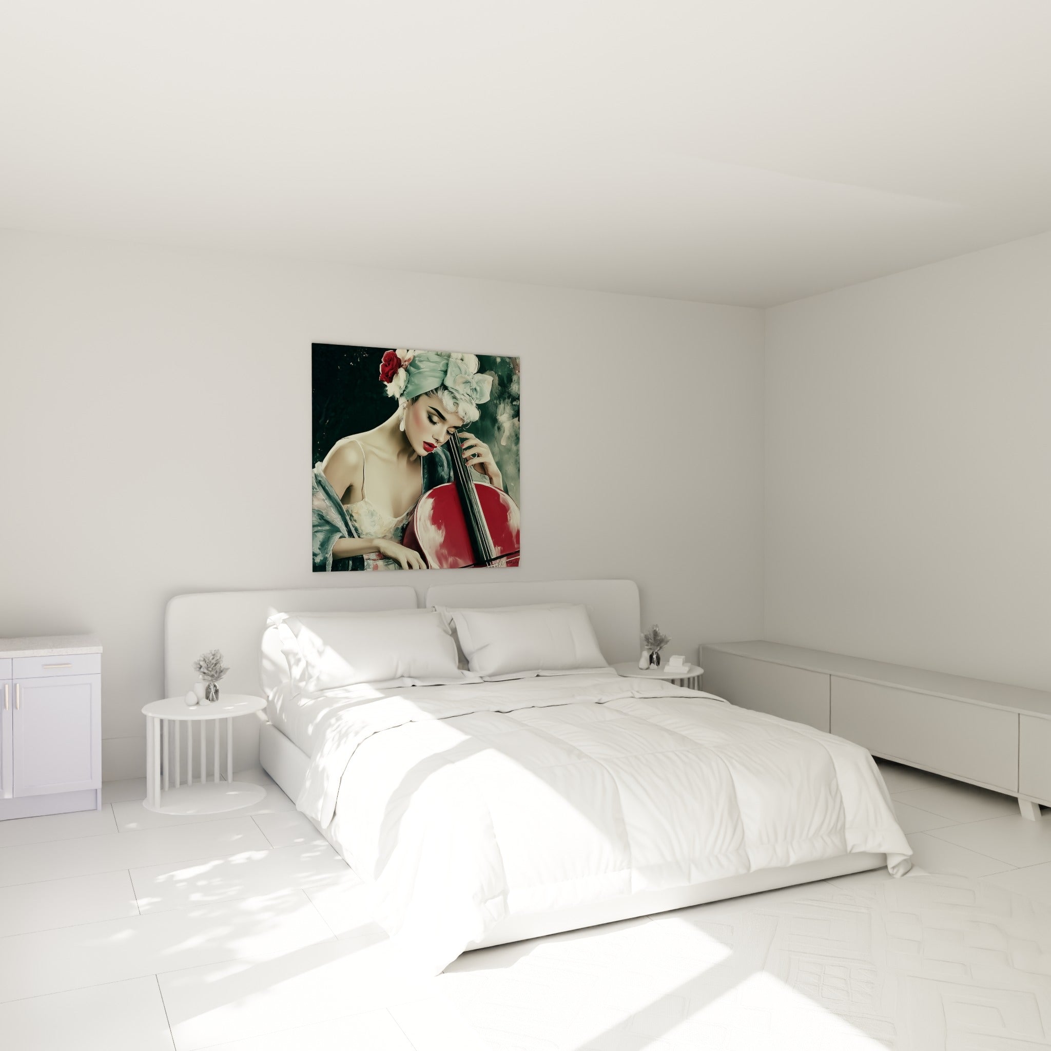 Musicienne penchée sur son violoncelle rouge, turban fleuri vert et blanc, au-dessus d'un lit dans une chambre claire