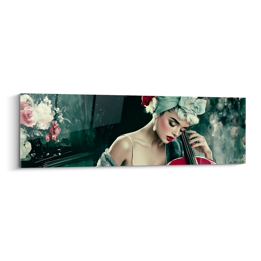 Tableau Musique vert sombre et rouge violoncelliste turban fleuri - Boucles d'oreilles perlées - Edition Musique