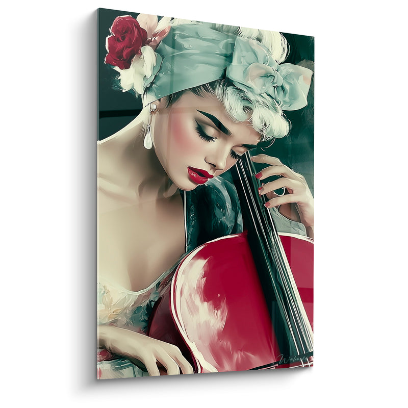 Tableau Musique femme turban vert violoncelle rouge - Étreinte mélodique - Edition Musique