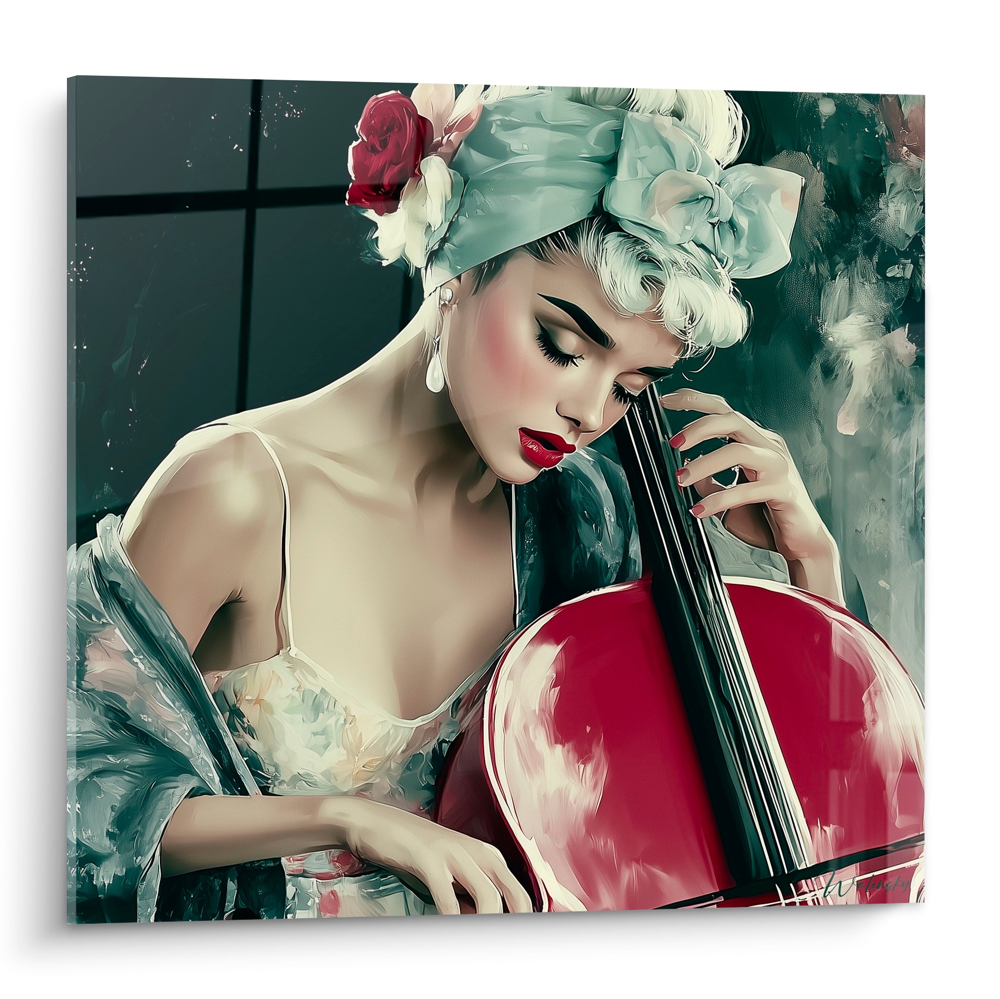 Violoncelliste yeux clos au turban vert amande, rouge à lèvres carmin, corps du violoncelle rouge laqué