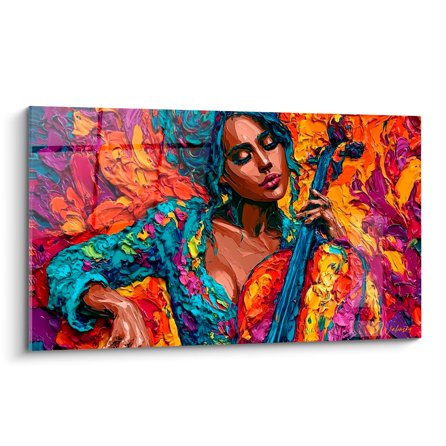 Tableau Musique turquoise et orange violoncelliste chevelure bleue - Chevelure azurée - Edition Musique