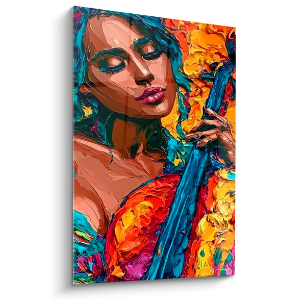 Gemälde Musikerin mit Cello blau türkis und orange – Musikalische Gemeinschaft – Musik Edition