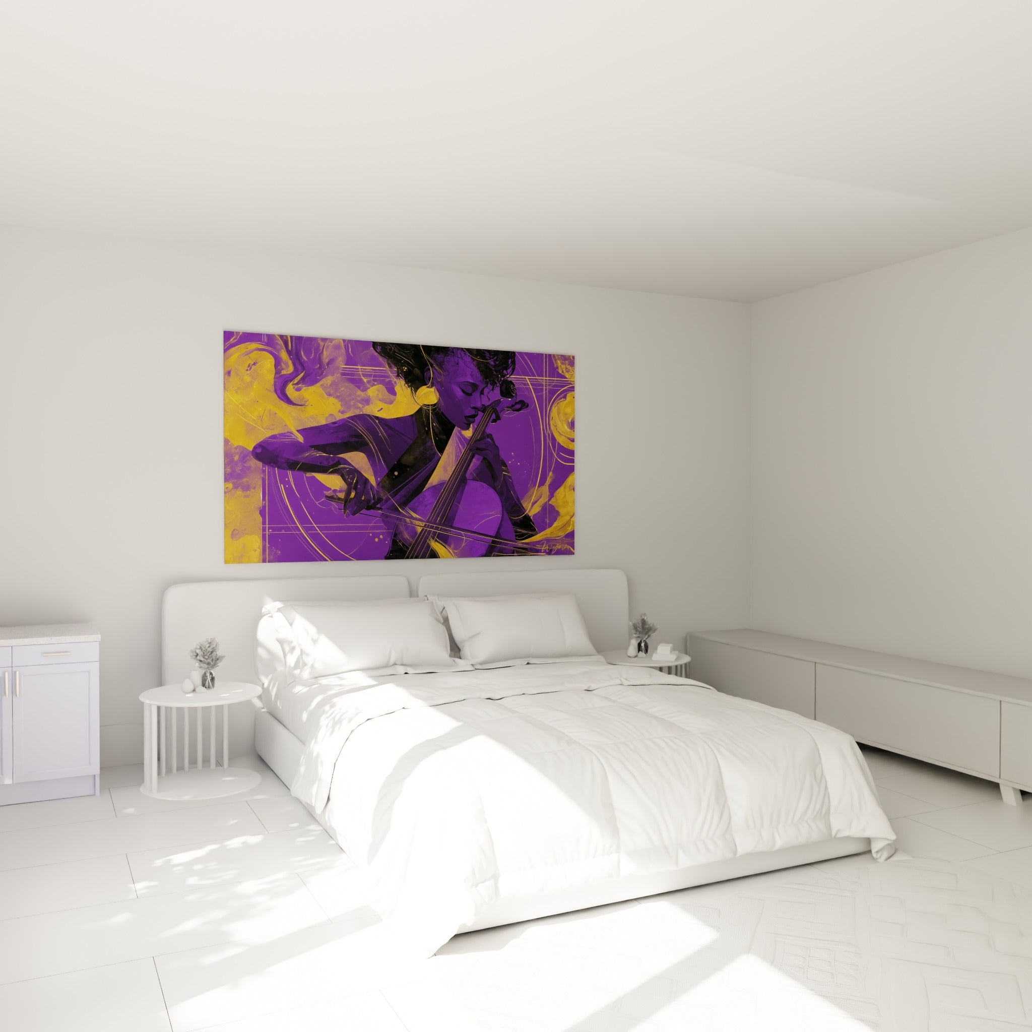 Musicienne stylisée en violet profond et volutes dorées, au-dessus d'un lit dans une chambre claire