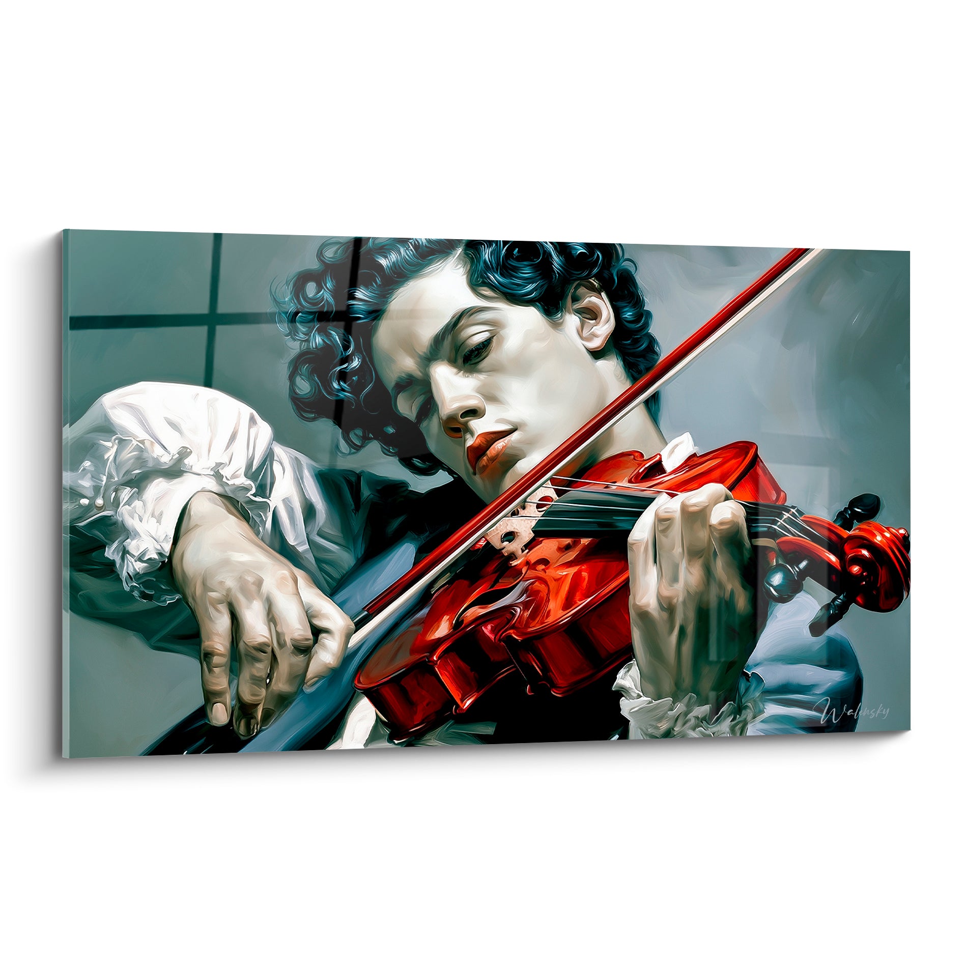 Violoniste aux boucles brunes jouant, chemise blanche et violon acajou, fond gris ardoise