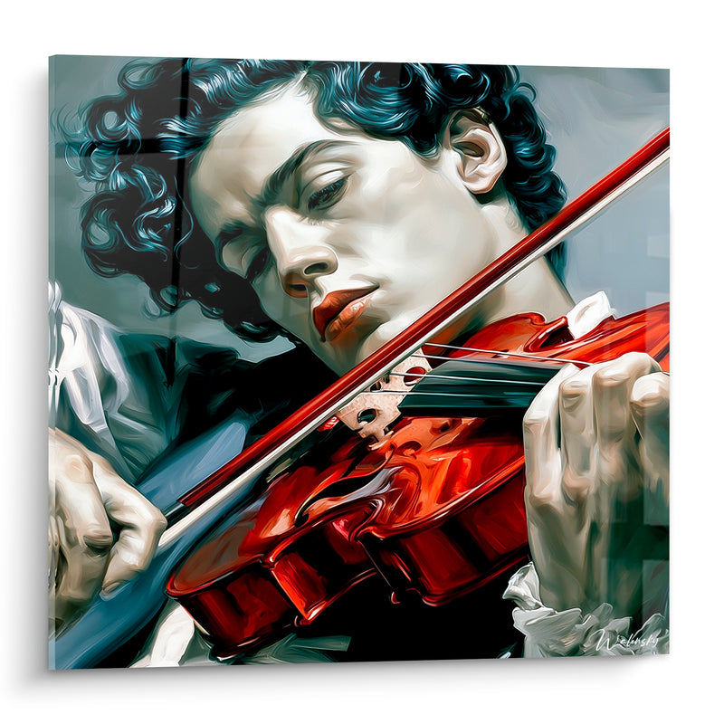 Tableau Musique gris bleuté et roux cheveux bouclés - Regard baissé du violoniste - Edition Musique