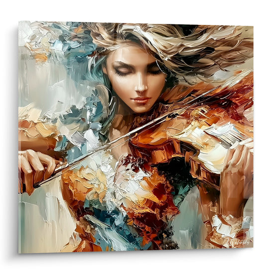 Violoniste aux cheveux argentés jouant, empâtements ambrés et bleu ardoise sur toile expressive