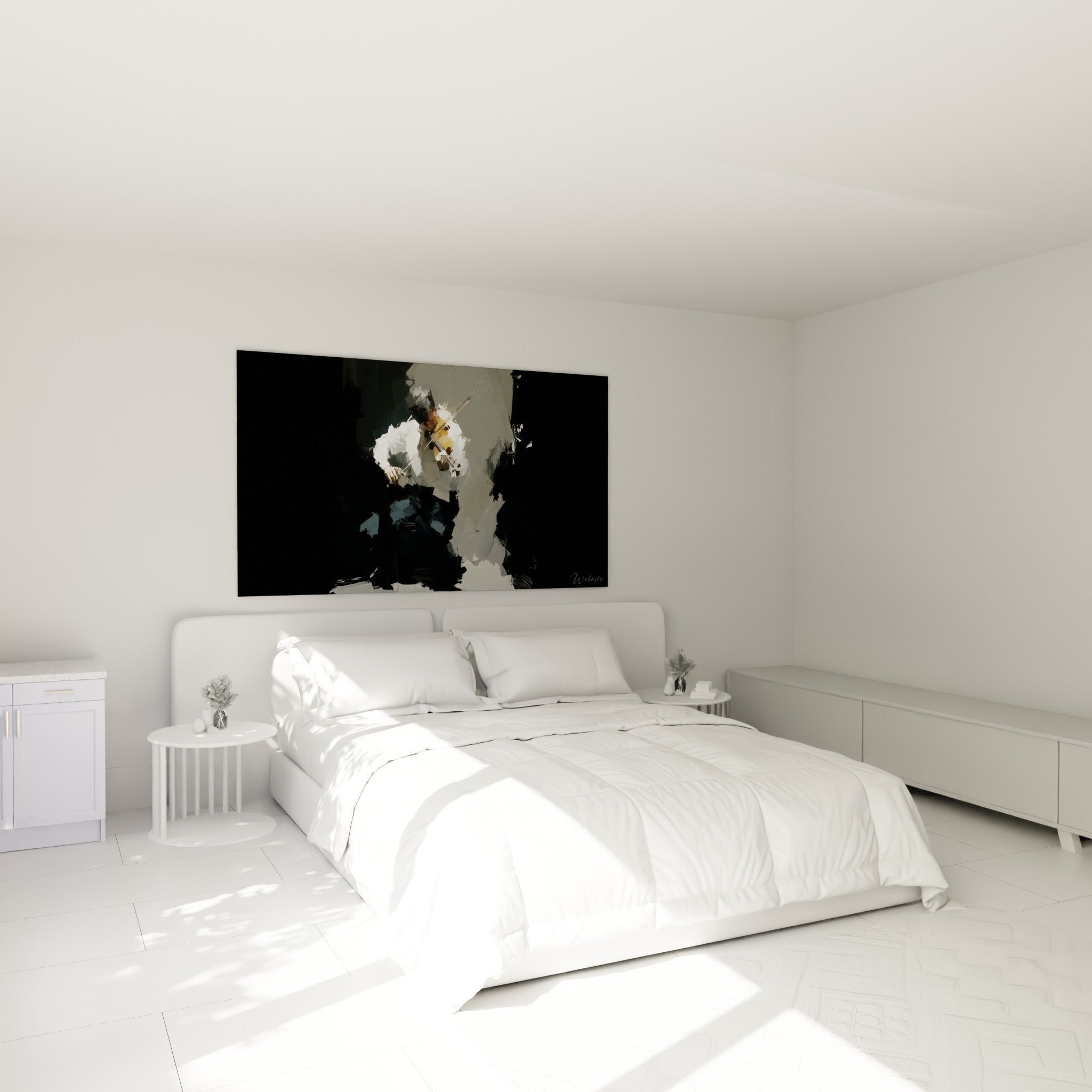 Musicien à l'archet levé, contrastes blancs et noirs, accroché au-dessus d'un lit dans une chambre claire