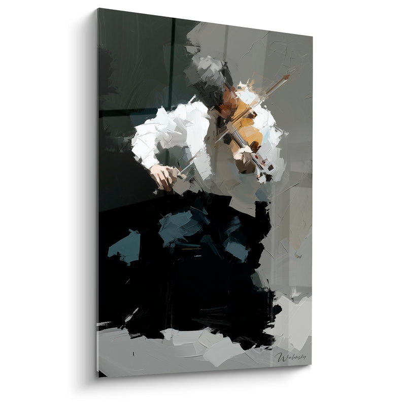 Tableau Musique blanc et noir violoniste chemise ample - Archet levé - Edition Musique
