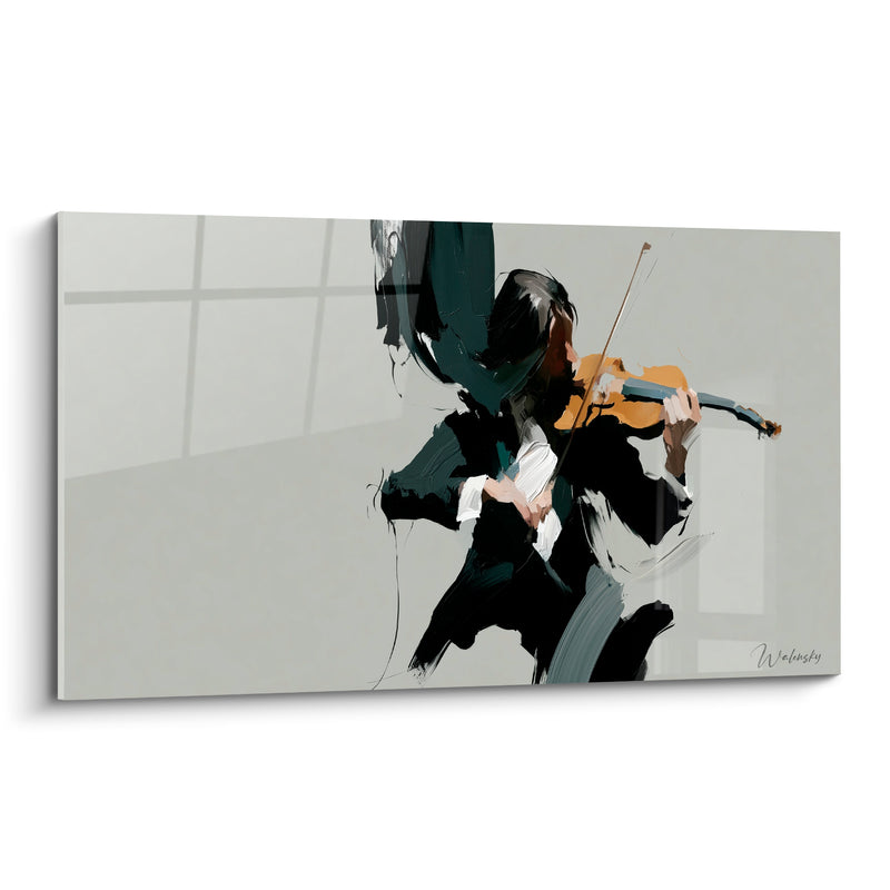 Tableau Musique gris vert violoniste veste noire chemise blanche - Élan de l'archet - Edition Musique
