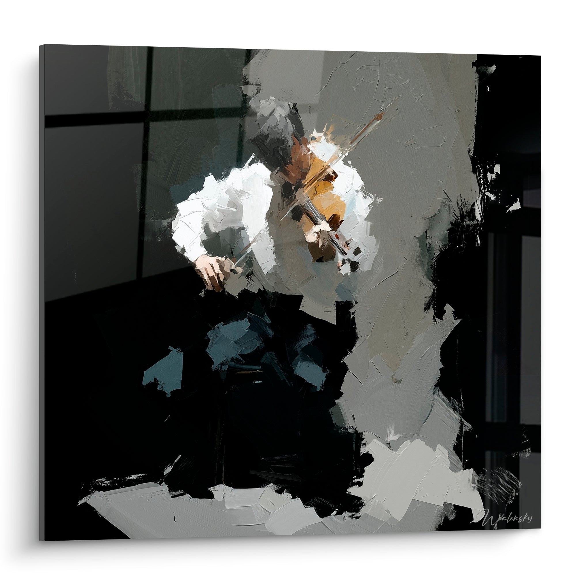 Violoniste peint en anthracite et gris perle, geste suspendu et touche dorée sur l'instrument