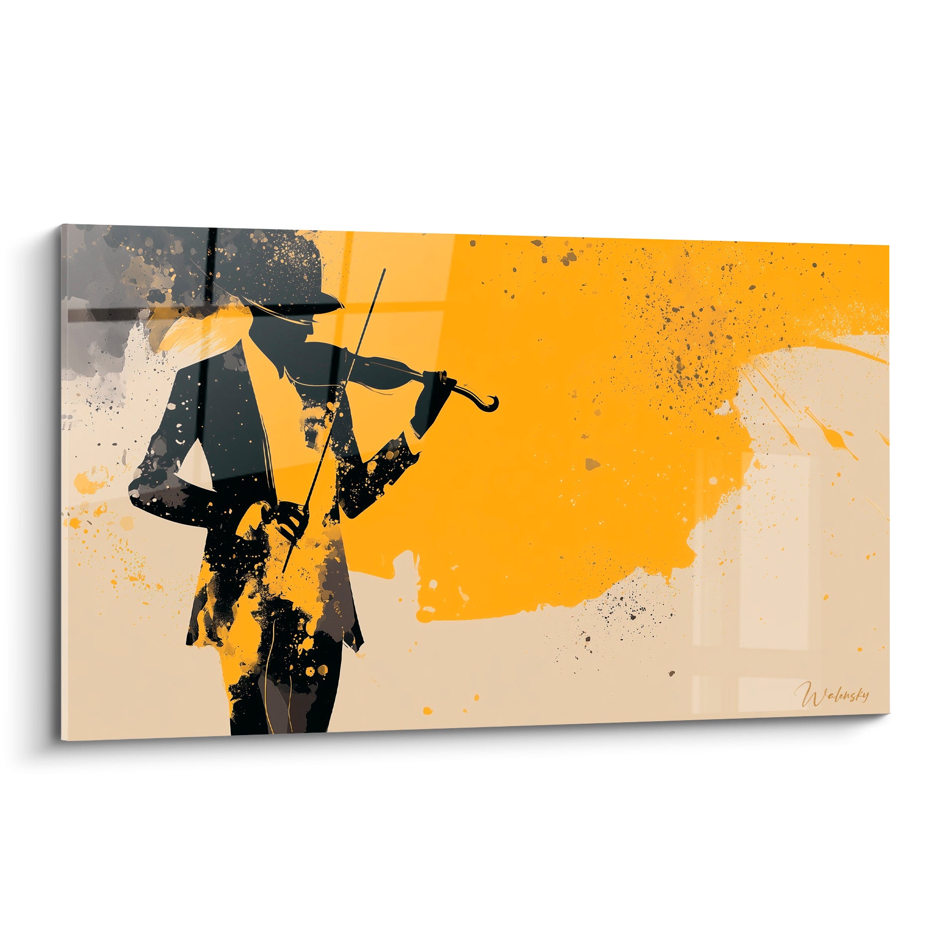 Violoniste en silhouette anthracite jouant devant une éclaboussure jaune moutarde vive, tableau Musique graphique