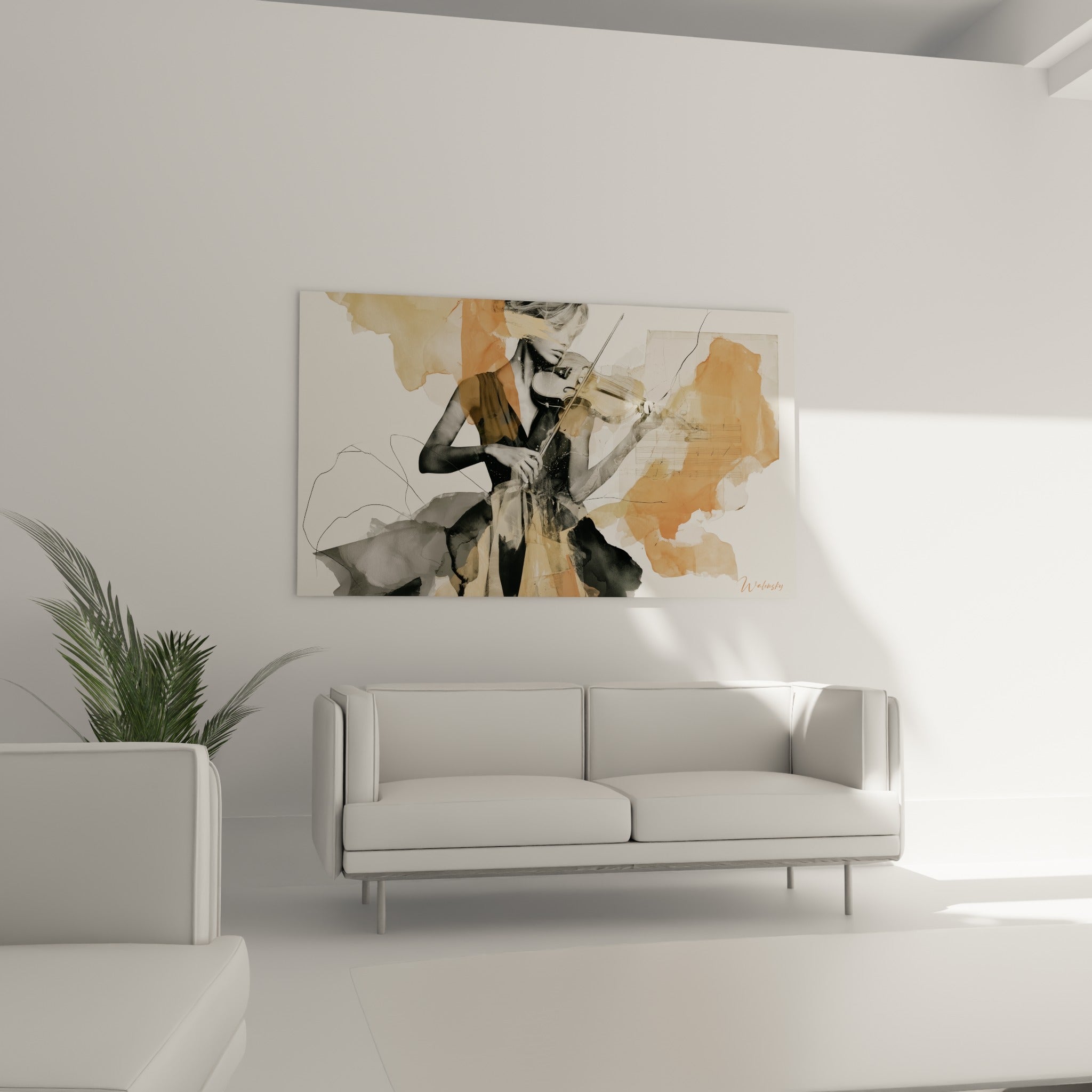 Silhouette de violoniste mêlant aquarelle terracotta et lignes anthracite, au-dessus d'un canapé dans un salon lumineux