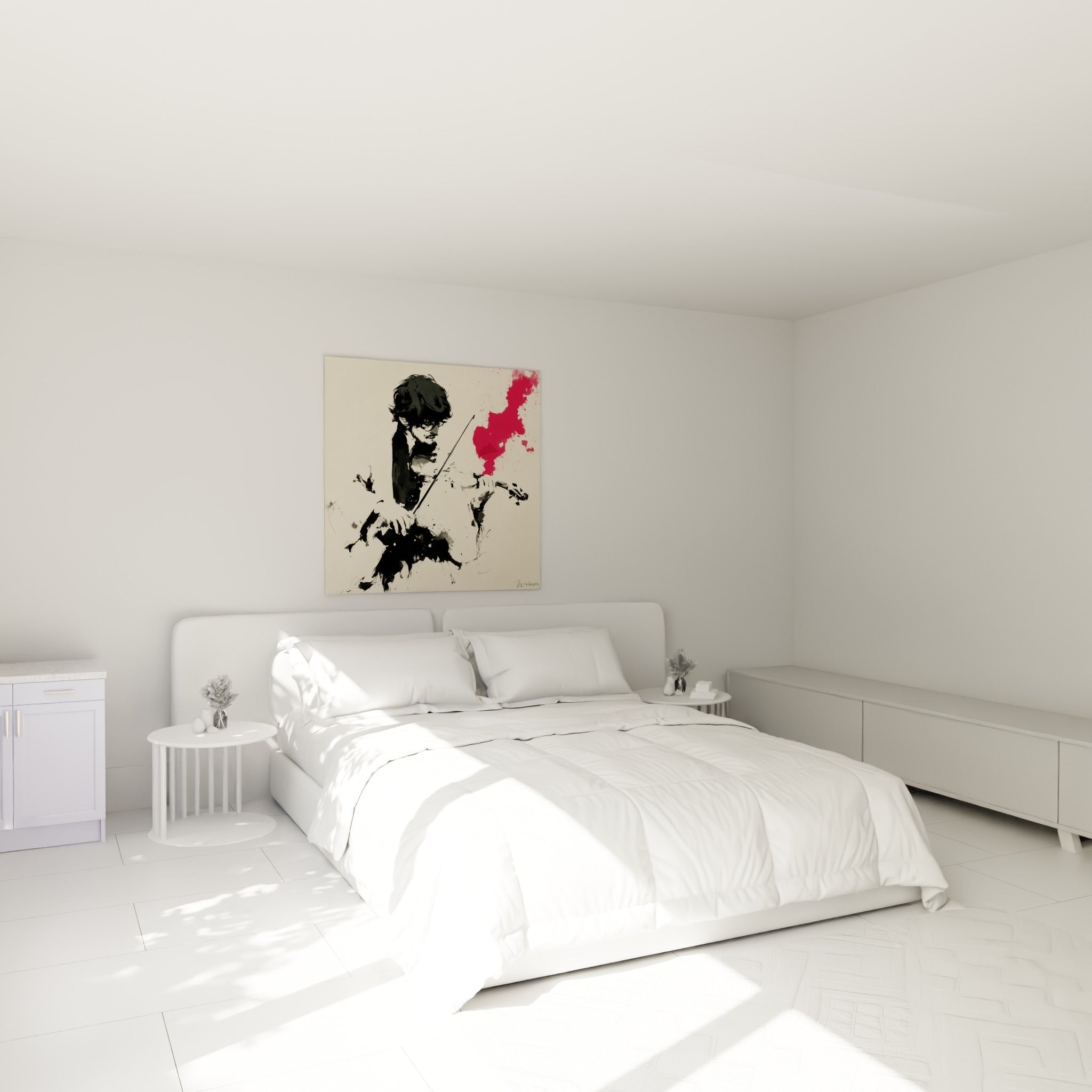 Silhouette du violoniste noir et rouge carmin accrochée au-dessus d'un lit dans une chambre claire